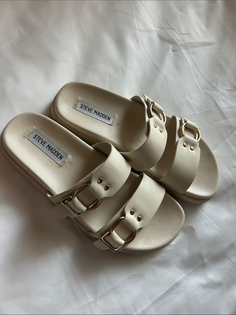 Steve Madden Cream Double-Buckle Slide Sandals with Gold Hardware